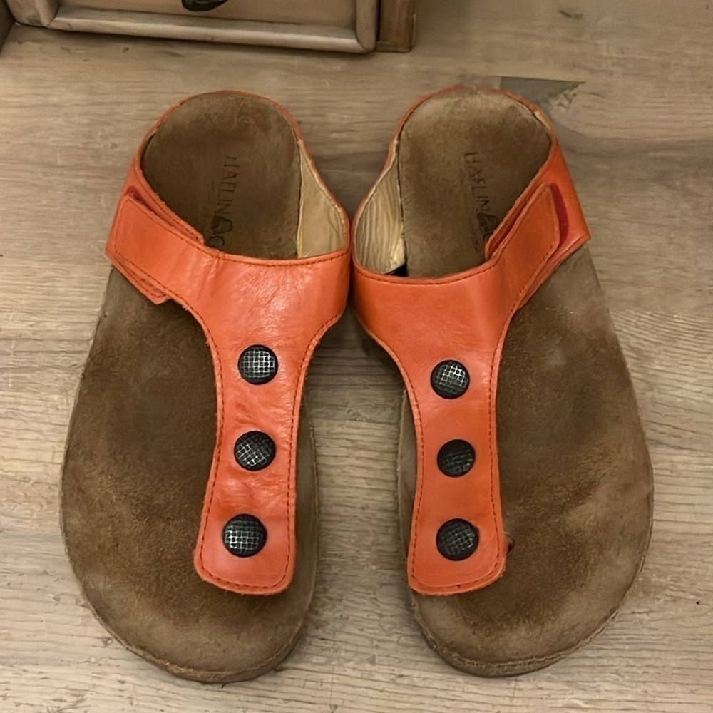 Haflinger Leather Sandals Orange Suede Footbed Button Embellishments Size 41/10
